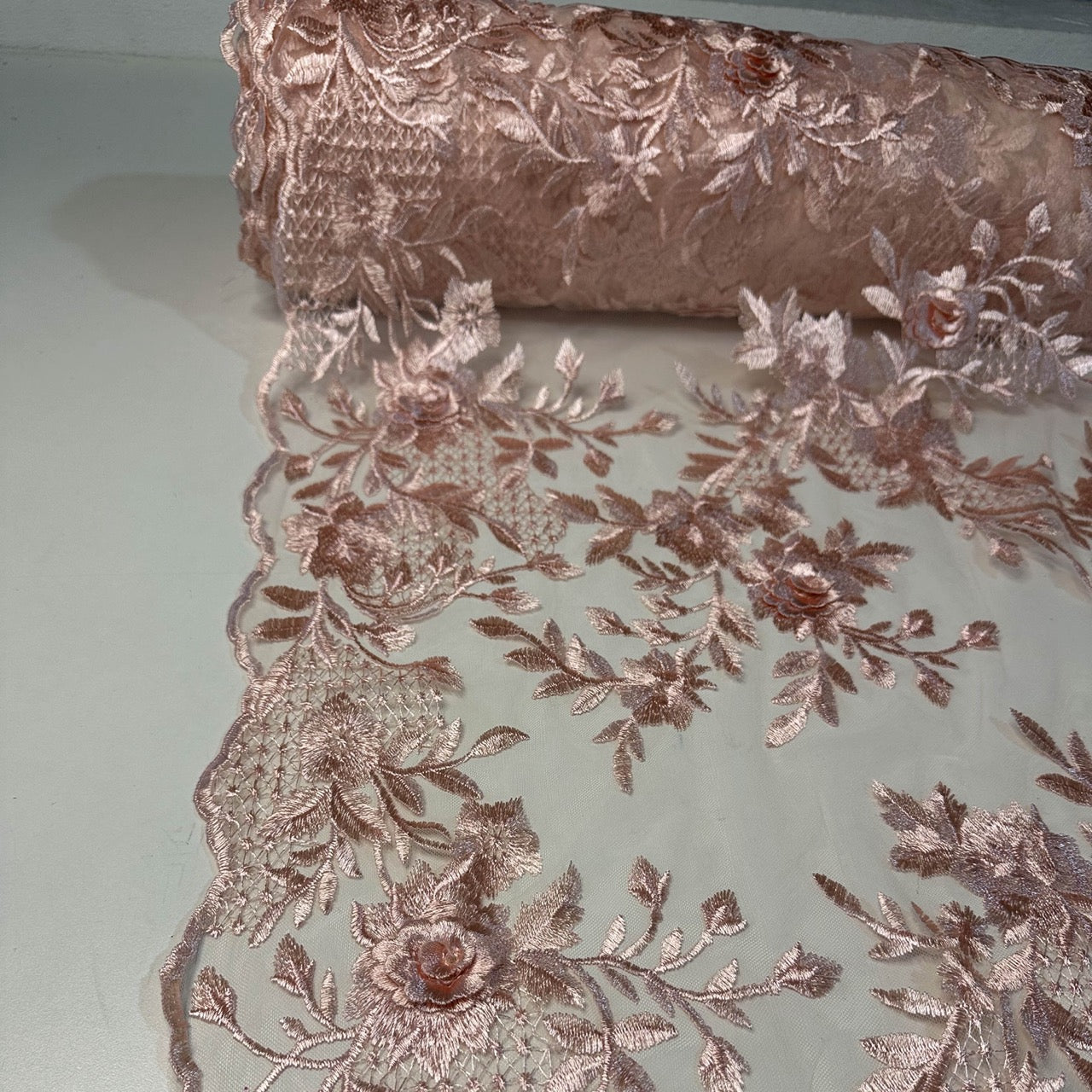Tule Bordado London 3D - Rosa Antigo